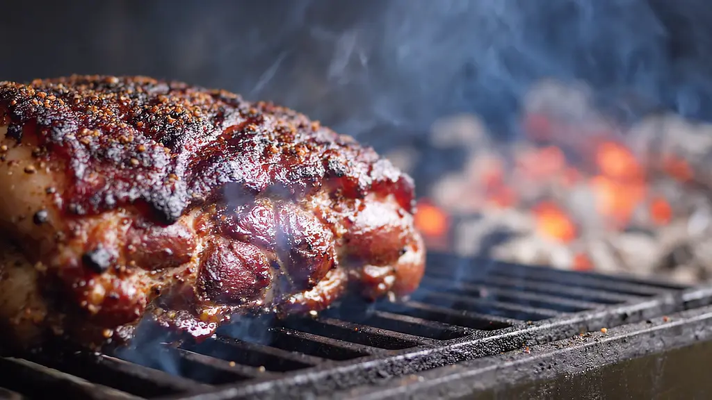 A whole pork shoulder with dark, peppery bark resting on a smoker grate, blue smoke drifting over glowing coals.